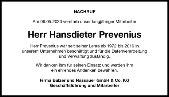 Traueranzeige von Hansdieter Prevenius von Dill Block