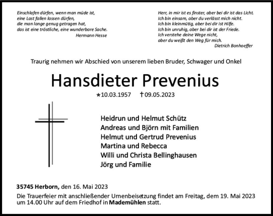 Traueranzeige von Hansdieter Prevenius von Dill Block