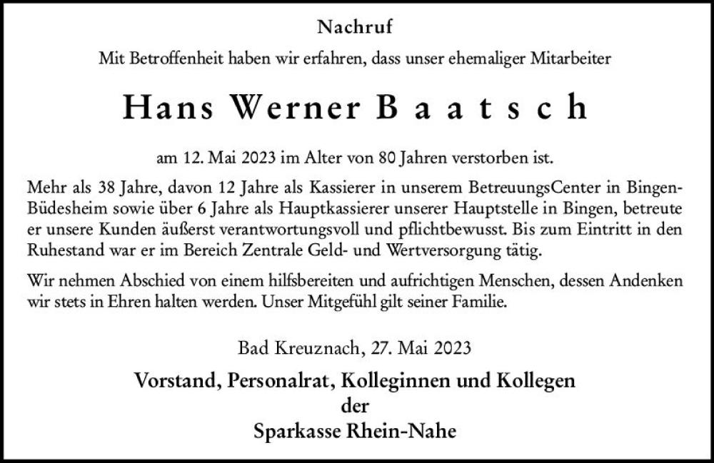  Traueranzeige für Hans Werner Baatsch vom 27.05.2023 aus Allgemeine Zeitung Bingen/Ingelheim