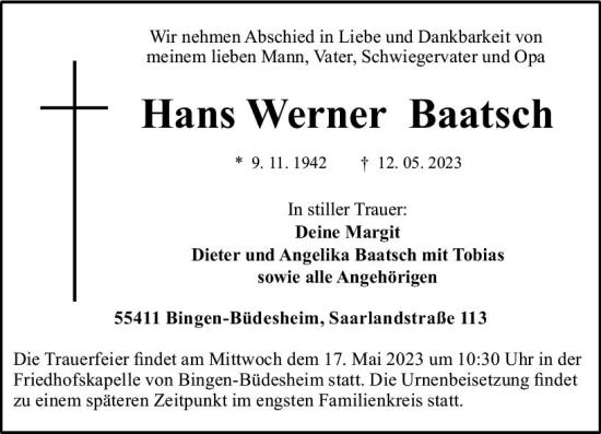 Traueranzeige von Hans Werner Baatsch von Allgemeine Zeitung Bingen/Ingelheim