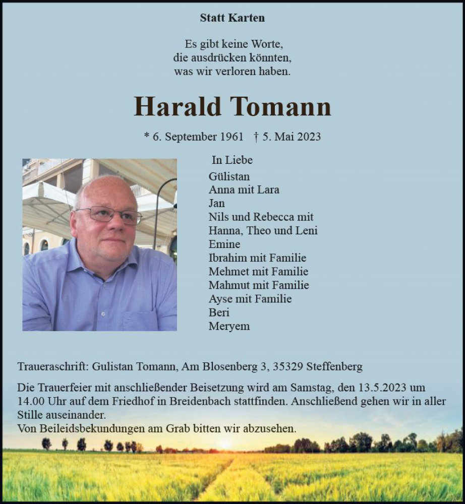  Traueranzeige für Harald Toman vom 10.05.2023 aus Hinterländer Anzeiger