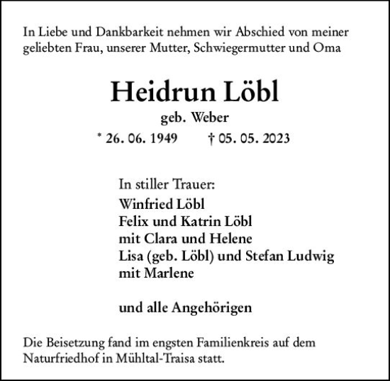 Traueranzeige von Heidrun Löbl von Darmstädter Echo