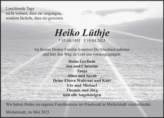 Traueranzeige von Heiko Lüthje von Odenwälder Echo