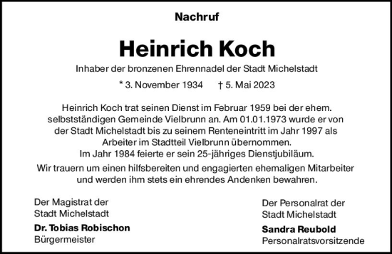 Traueranzeige von Heinrich Koch von Odenwälder Echo
