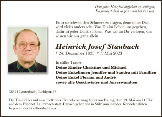 Traueranzeige von Heinrich Josef Staubach von VRM Trauer