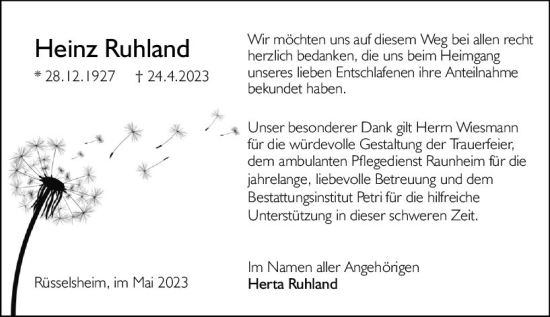 Traueranzeige von Heinz Ruhland von Rüsselsheimer Echo
