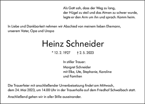 Traueranzeige von Heinz Schneider von Wetzlarer Neue Zeitung