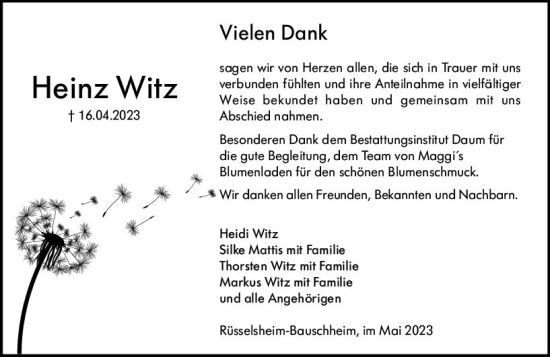 Traueranzeige von Heinz Witz von Rüsselsheimer Echo