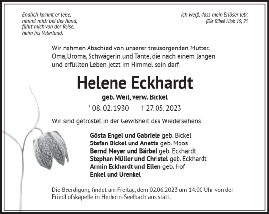 Traueranzeige von Helene Eckhardt von Dill Block