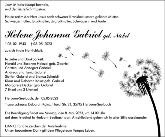 Traueranzeige von Helene Johanna Gabriel von Dill Block