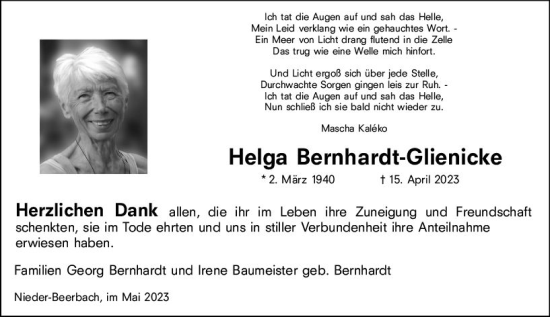 Traueranzeige von Helga Bernhardt-Glienicke von Darmstädter Echo