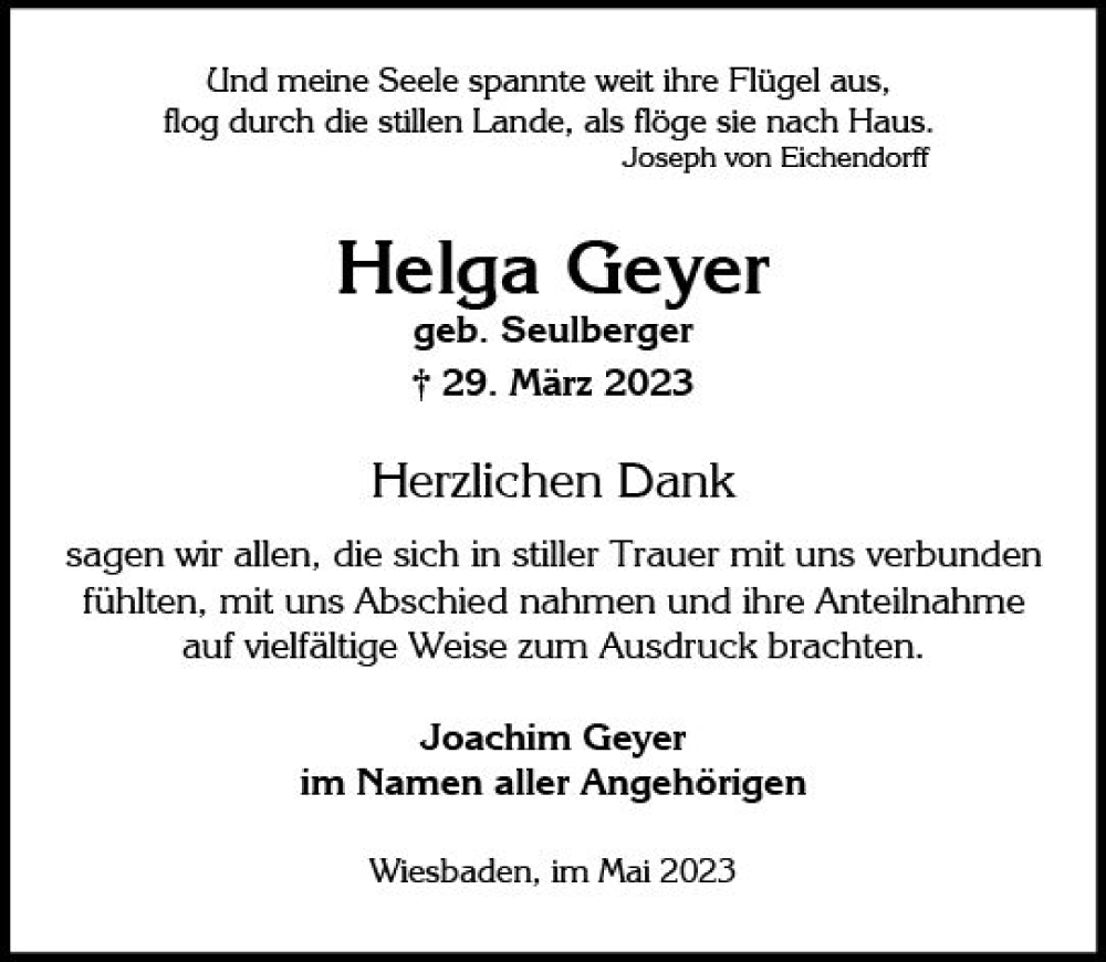  Traueranzeige für Helga Geyer vom 13.05.2023 aus Wiesbadener Kurier