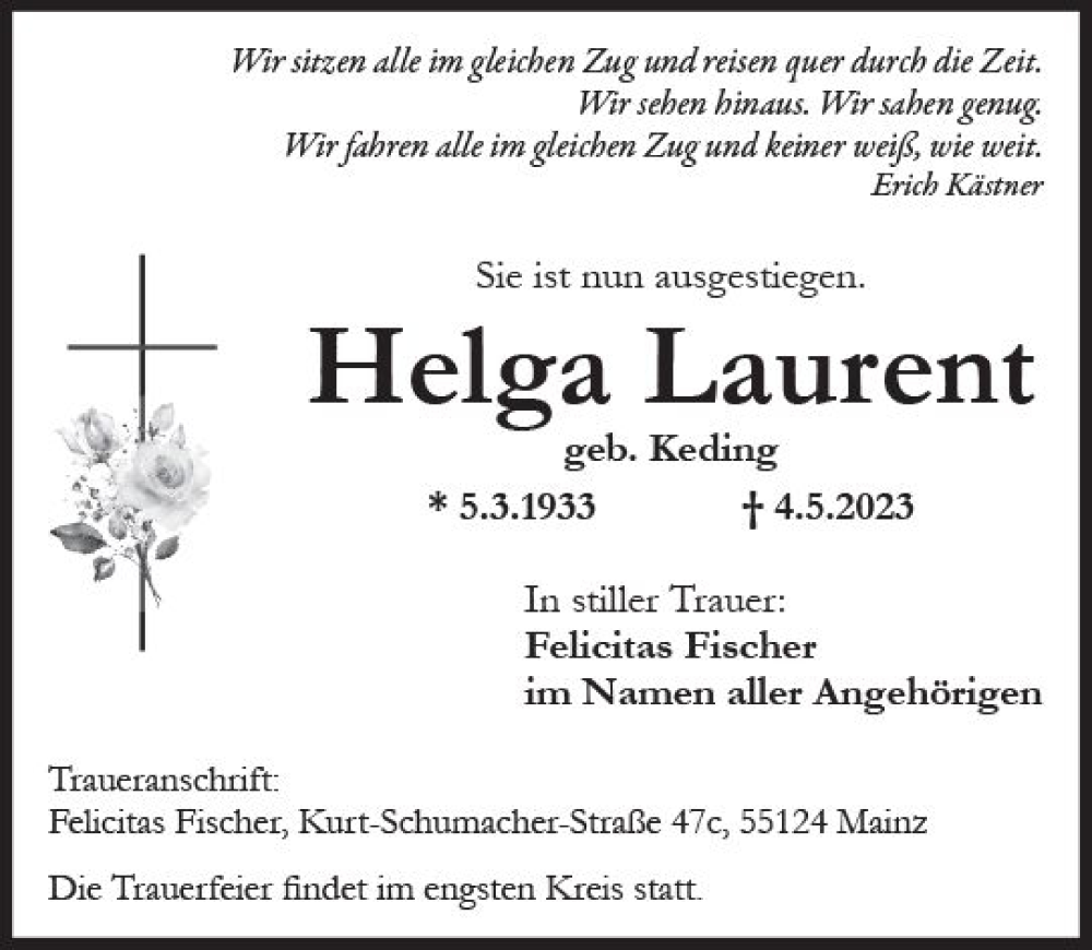 Traueranzeige für Helga Laurent vom 13.05.2023 aus Wiesbadener Kurier