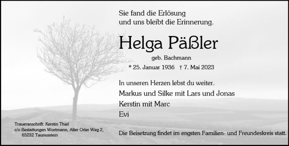  Traueranzeige für Helga Päßler vom 13.05.2023 aus Wiesbadener Kurier