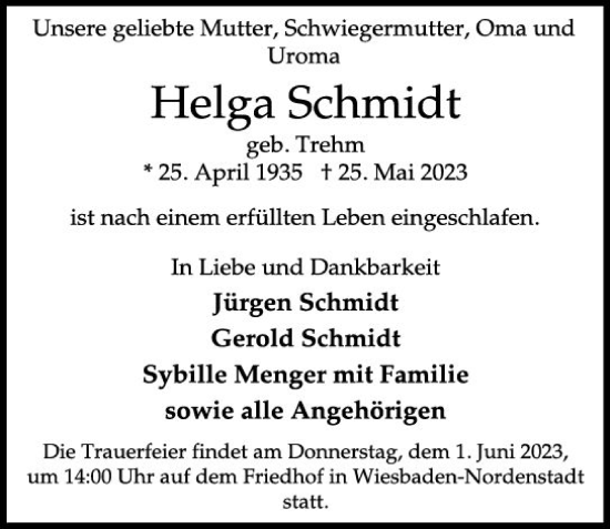 Traueranzeige von Helga Schmidt von Wiesbadener Kurier