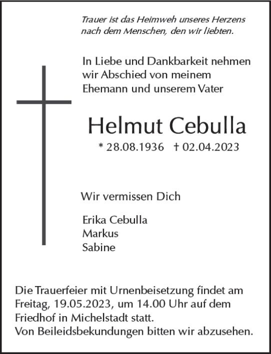 Traueranzeige von Helmut Cebulla von Odenwälder Echo