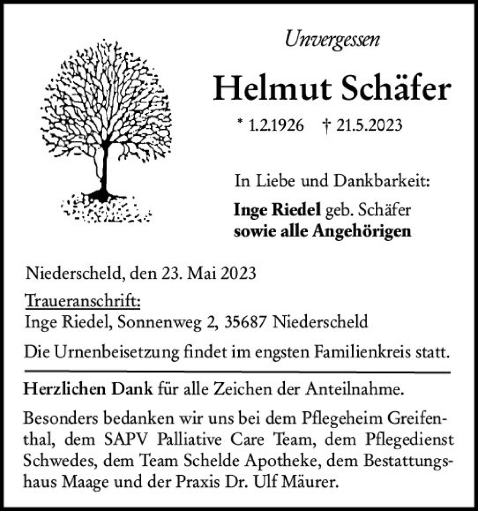  Traueranzeige für Helmut Schäfer vom 23.05.2023 aus Dill Block