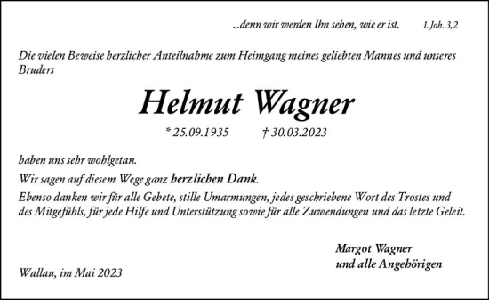 Traueranzeige von Helmut Wagner von Hinterländer Anzeiger
