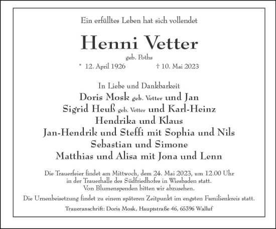 Traueranzeige von Henni Vetter von Wiesbadener Kurier