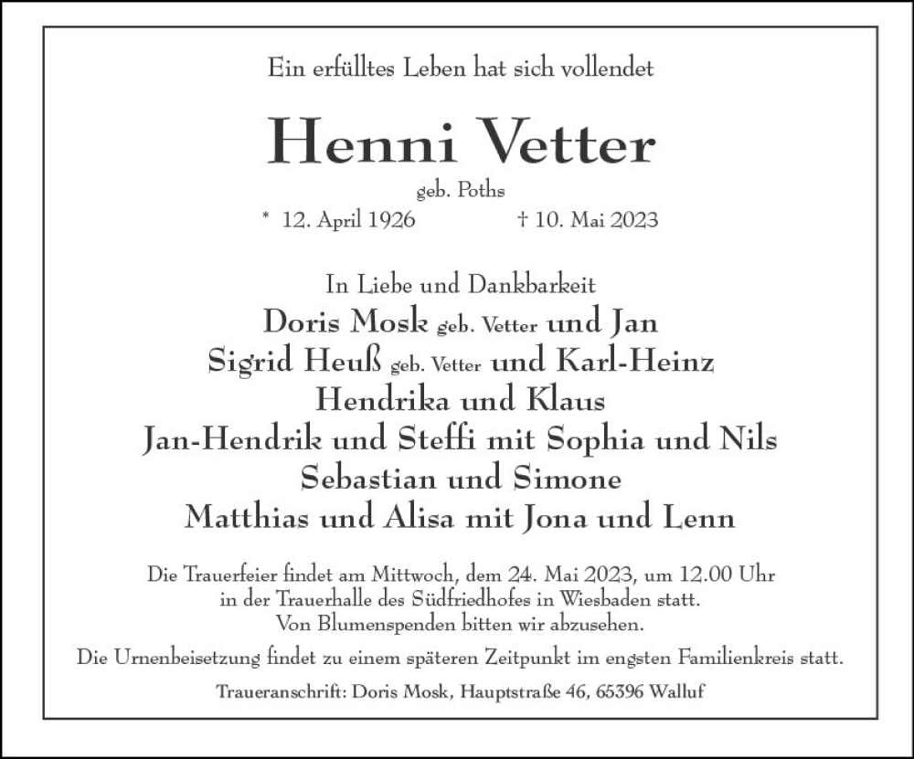  Traueranzeige für Henni Vetter vom 22.05.2023 aus Wiesbadener Kurier