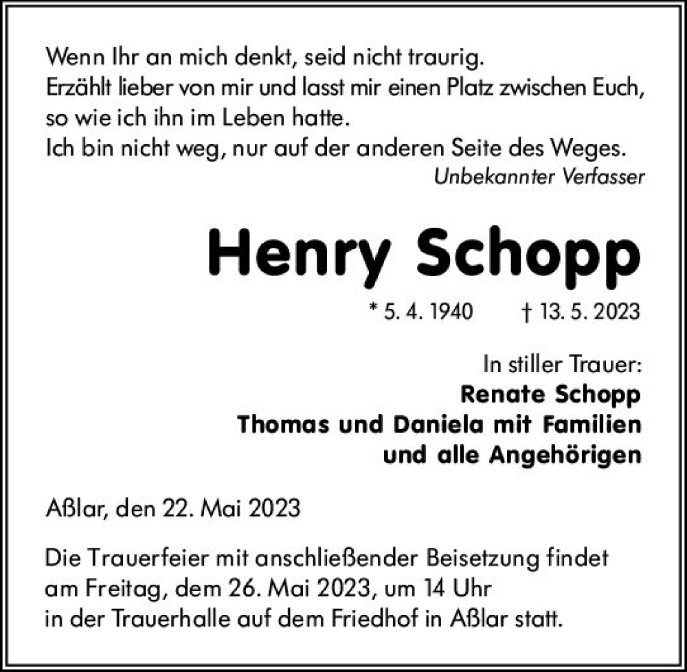  Traueranzeige für Henry Schopp vom 22.05.2023 aus Wetzlarer Neue Zeitung