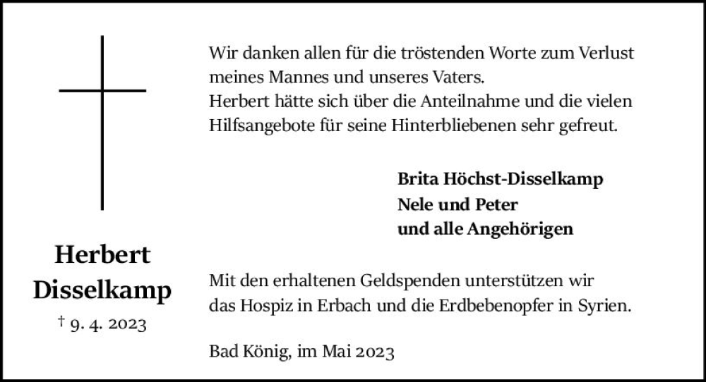  Traueranzeige für Herbert Disselkamp vom 13.05.2023 aus Odenwälder Echo