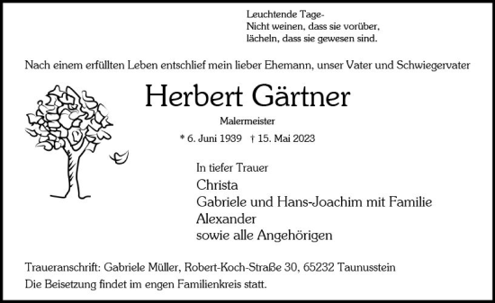 Traueranzeige von Herbert Gärtner von Wiesbadener Kurier