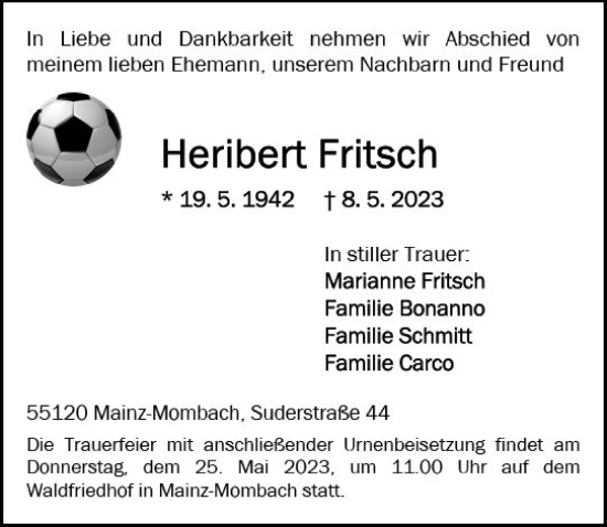 Traueranzeige von Heribert Fritsch von Allgemeine Zeitung Mainz