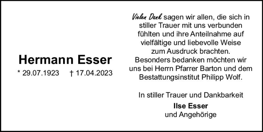  Traueranzeige für Hermann Esser vom 06.05.2023 aus Rüsselsheimer Echo