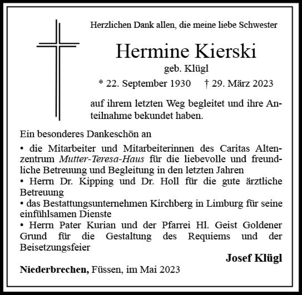  Traueranzeige für Hermine Kierski vom 06.05.2023 aus Nassauische Neue Presse
