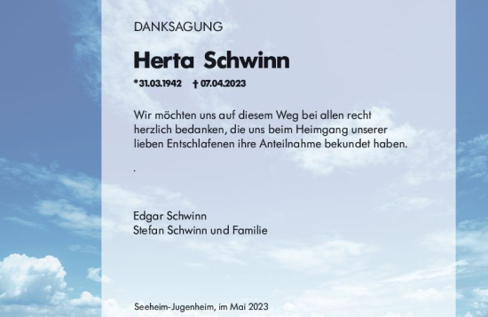 Traueranzeige von Herta Schwinn von Darmstädter Echo