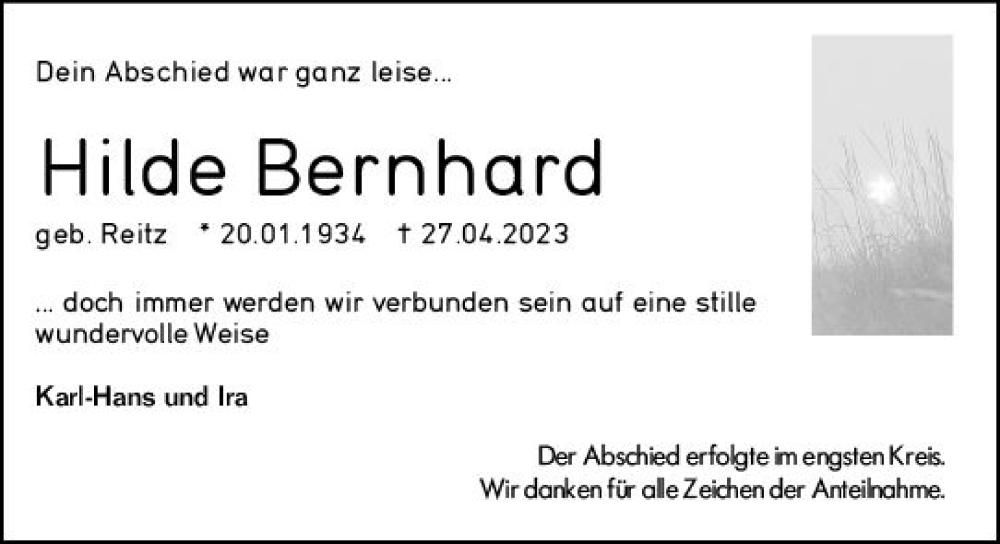  Traueranzeige für Hilde Bernhard vom 20.05.2023 aus Rüsselsheimer Echo