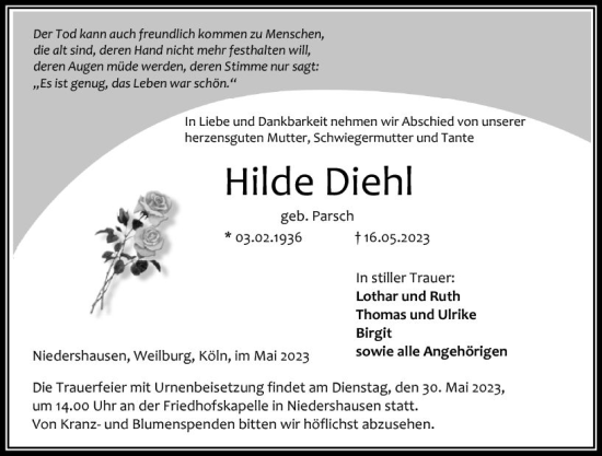 Traueranzeige von Hilde Diehl von Weilburger Tageblatt