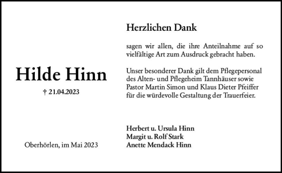 Traueranzeige von Hilde Hinn von Hinterländer Anzeiger