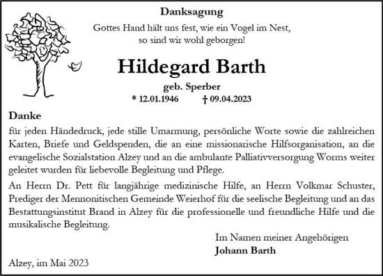 Traueranzeige von Hildegard Barth von Allgemeine Zeitung Alzey