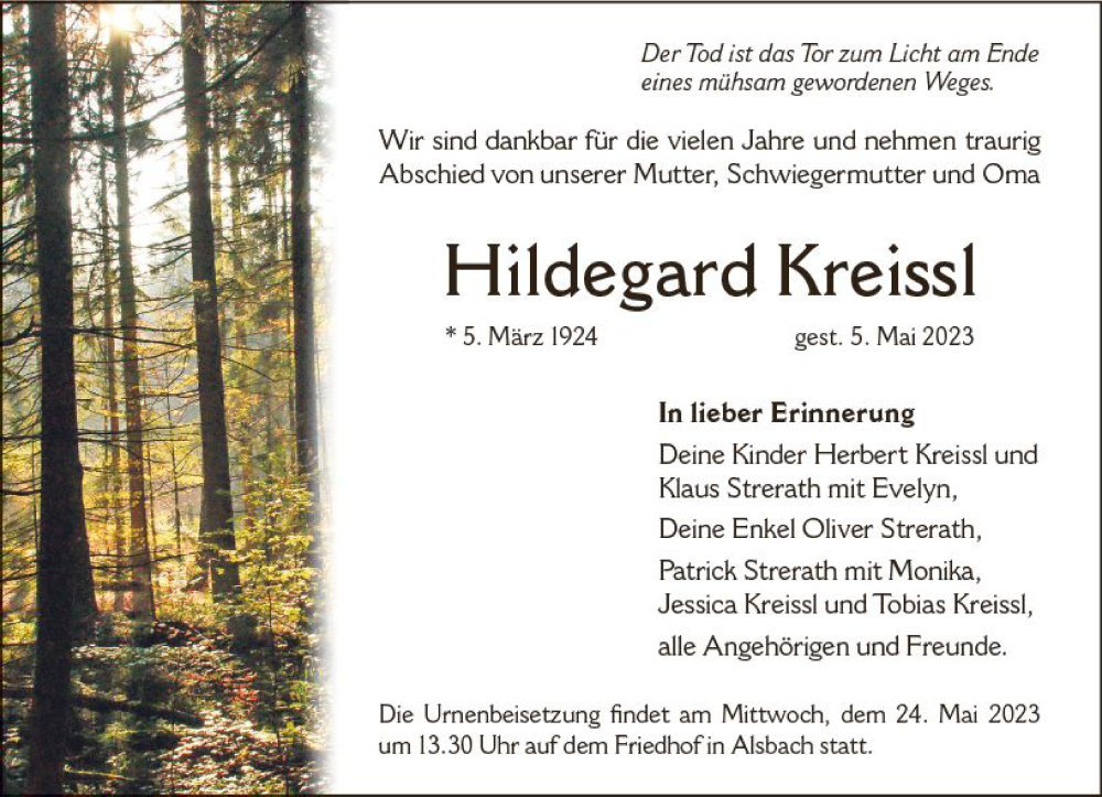  Traueranzeige für Hildegard Kreissl vom 20.05.2023 aus Darmstädter Echo