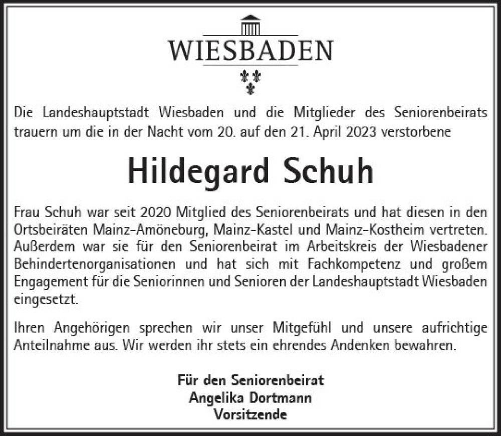  Traueranzeige für Hildegard Schuh vom 06.05.2023 aus Wiesbadener Kurier