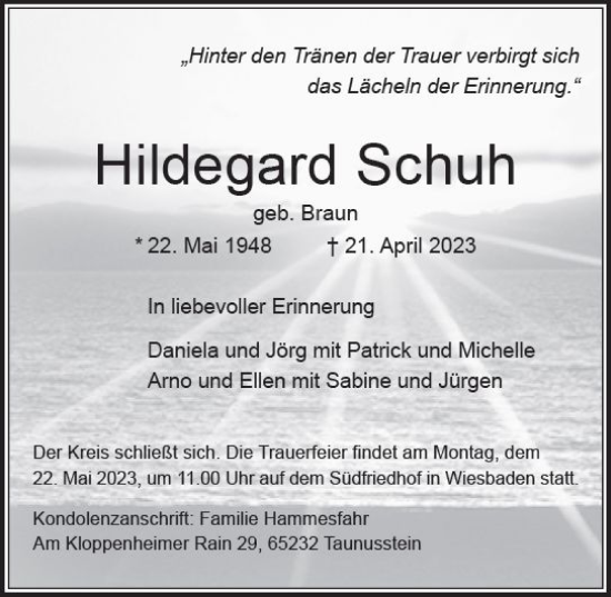 Traueranzeige von Hildegard Schuh von Wiesbadener Kurier