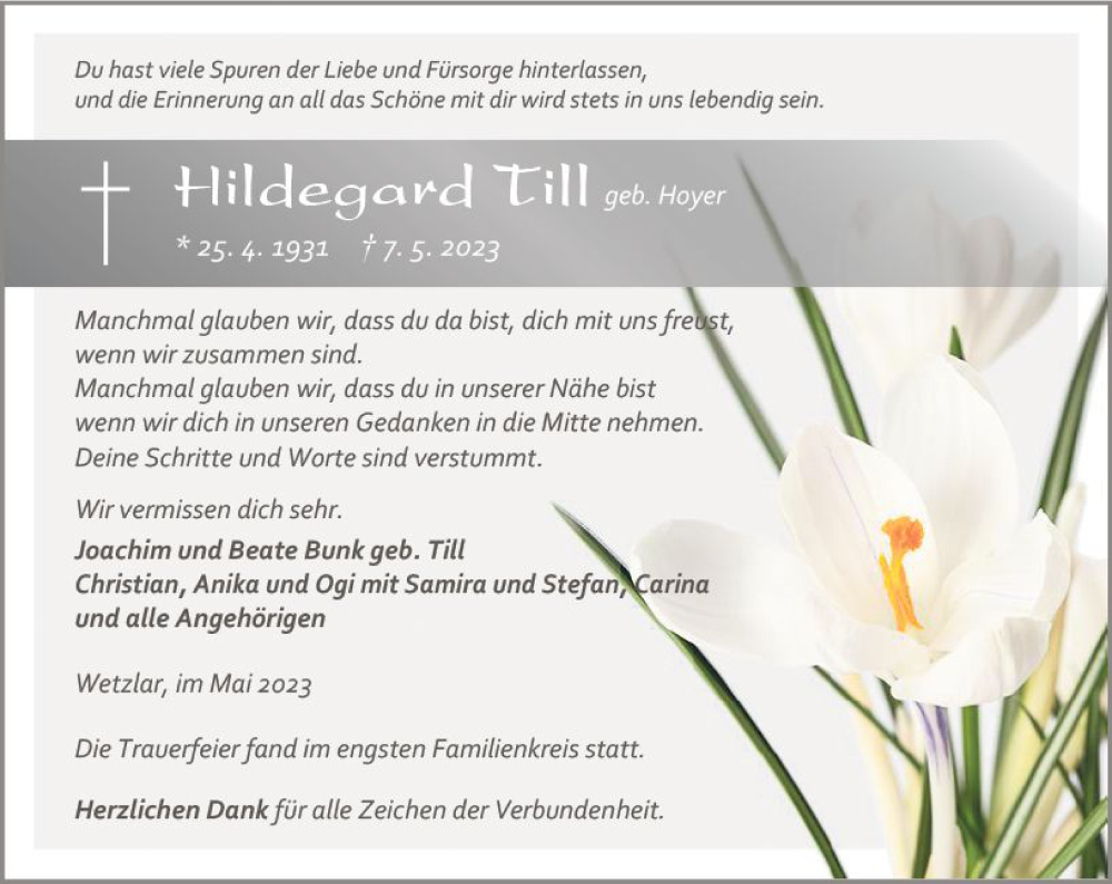  Traueranzeige für Hildegard Till vom 20.05.2023 aus Wetzlarer Neue Zeitung