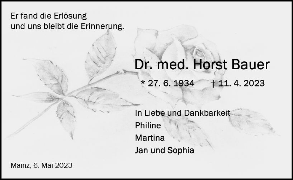  Traueranzeige für Horst Bauer vom 06.05.2023 aus Allgemeine Zeitung Mainz