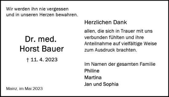 Traueranzeige von Horst Bauer von Allgemeine Zeitung Mainz