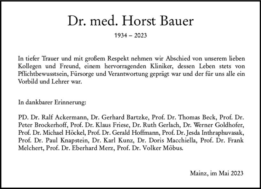  Traueranzeige für Horst Bauer vom 06.05.2023 aus Allgemeine Zeitung Mainz