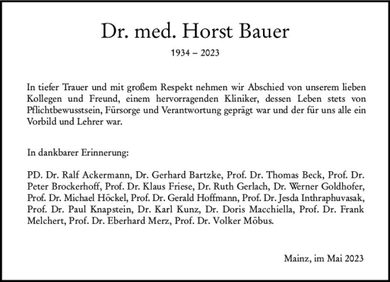 Traueranzeige von Horst Bauer von Allgemeine Zeitung Mainz