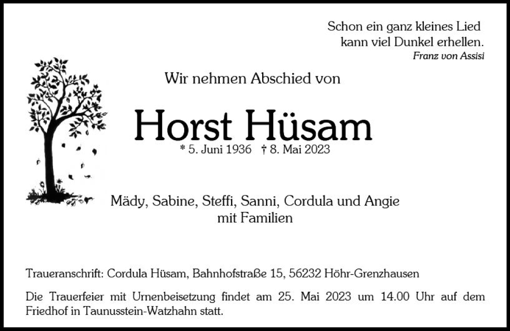  Traueranzeige für Horst Hüsam vom 20.05.2023 aus Wiesbadener Kurier