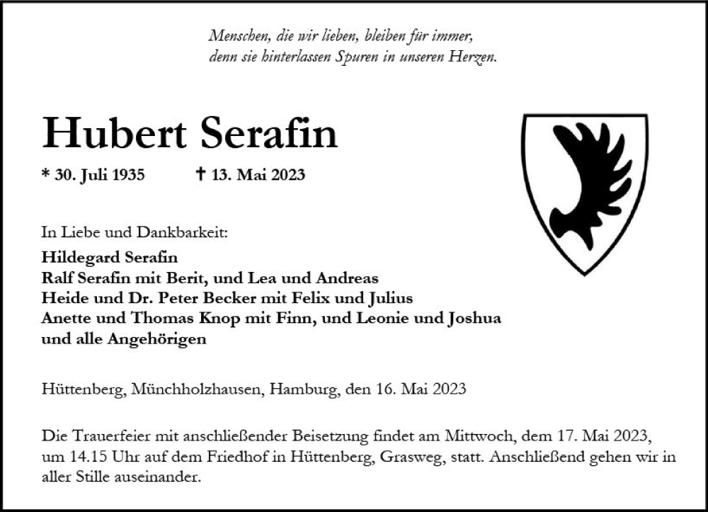  Traueranzeige für Hubert Serafin vom 16.05.2023 aus Wetzlarer Neue Zeitung