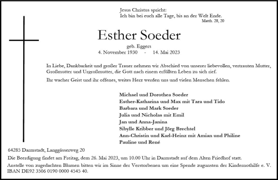 Traueranzeige von idsther Soeder von Darmstädter Echo