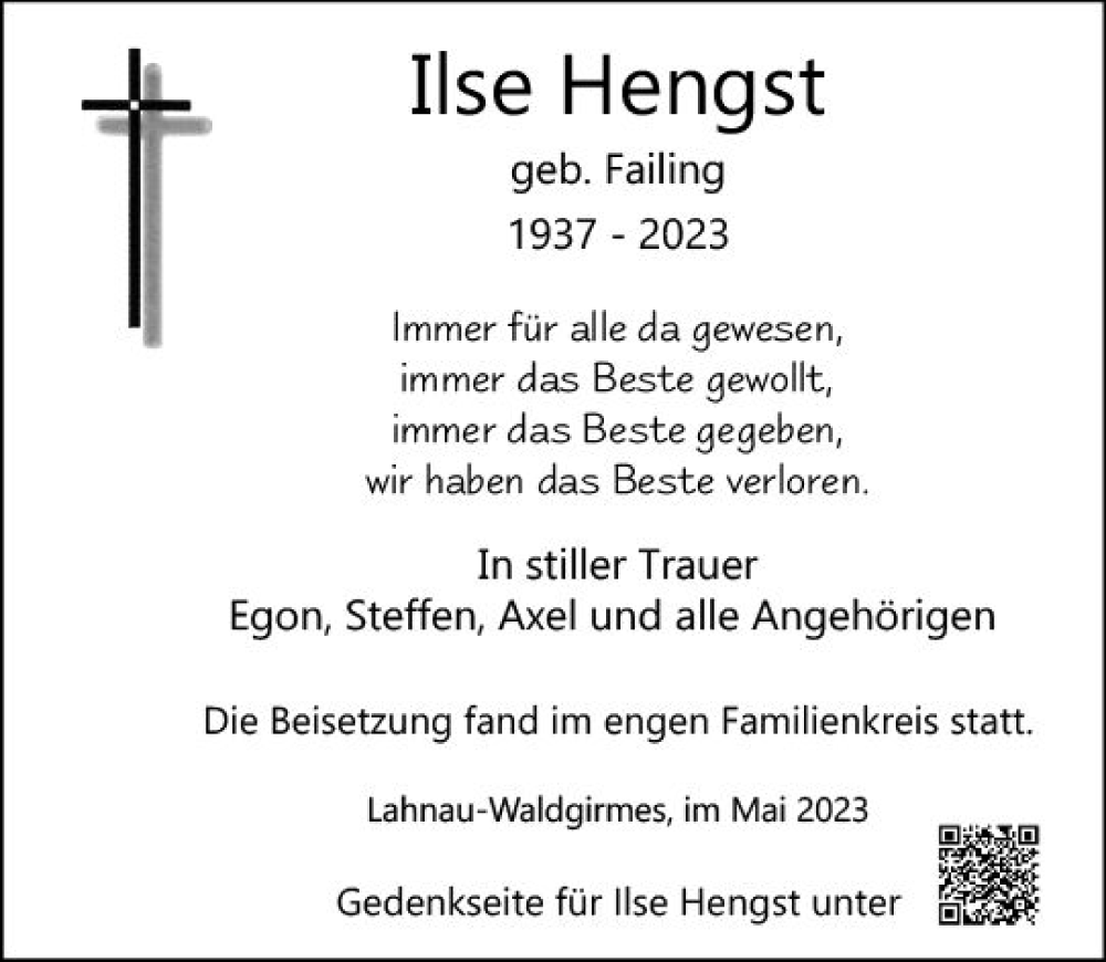  Traueranzeige für Ilse Hengst vom 27.05.2023 aus Wetzlarer Neue Zeitung