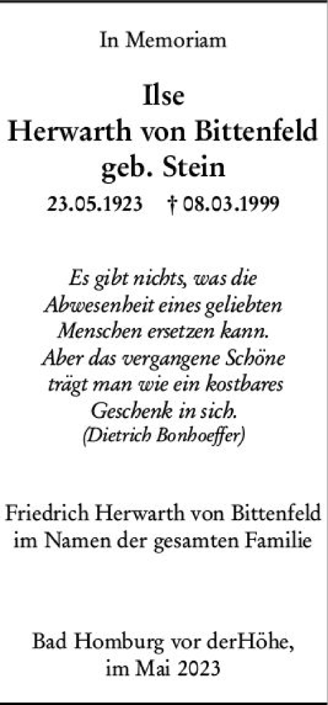 Traueranzeige von Ilse Herwarth von Bittenfeld von Wiesbadener Kurier