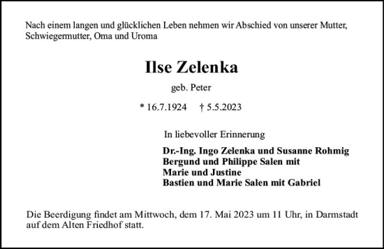 Traueranzeige von Ilse Zelenka von Darmstädter Echo