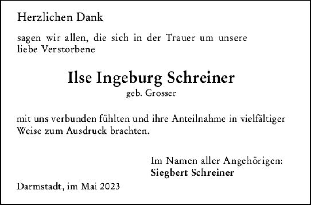  Traueranzeige für Ilse Ingeburg Schreiner vom 06.05.2023 aus Darmstädter Echo